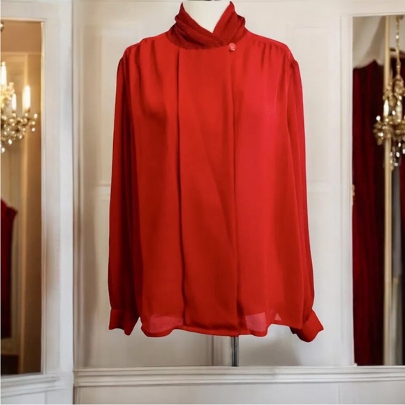 Vintage Red Chiffon Blouse Pleated Mock Neck Size 18 - Picture 1 of 12